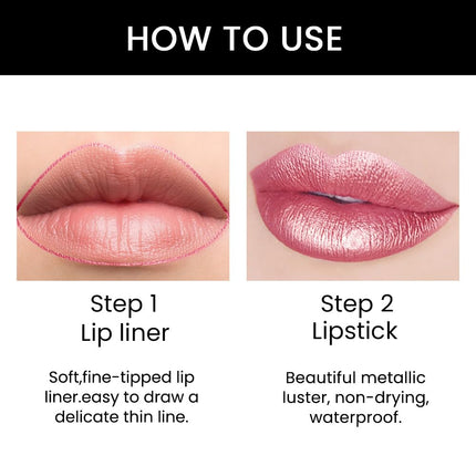 2-in-1 Pink Metallic Lipstick & Lip Liner Set Hydrating Full Coverage 20