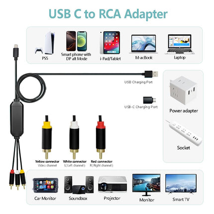 6FT USB-C to RCA Cable Adapter – Screen Mirroring with USB A/C Charging