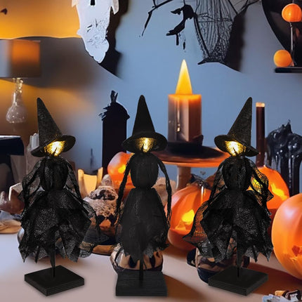 3-Piece Halloween Witch Decorations, Wooden Stand Signs with White LED Lights