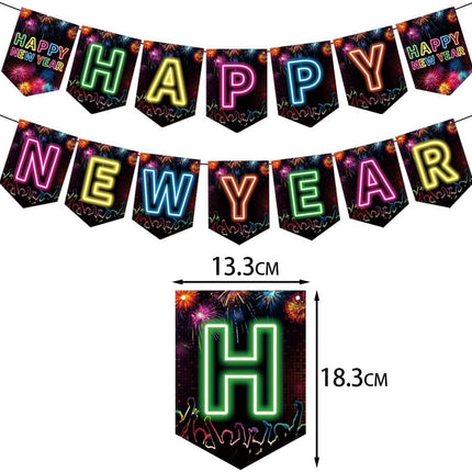 Happy New Year 2025 Neon Party Banner & Hanging Swirls – NYE Decor