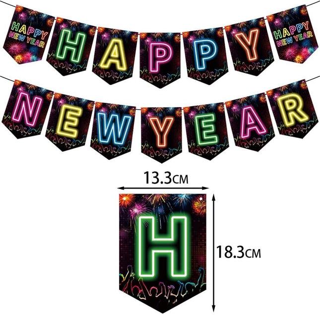 Happy New Year 2025 Neon Party Banner & Hanging Swirls – NYE Decor