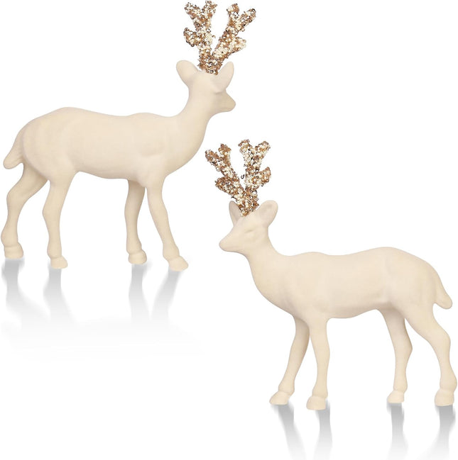 2PCS Velvet Reindeer Christmas Decorations | Beige Flocking Deer Figurines