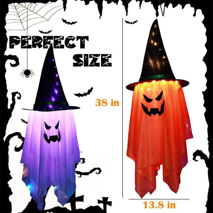 2-Piece Lighted Halloween Ghost Witch Hats, Glowing Hanging Indoor Outdoor Decor
