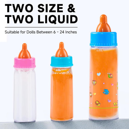 Baby Doll Bottle Accessories – 6 Pcs Feeding Bottles with Disappearing Milk & Juice