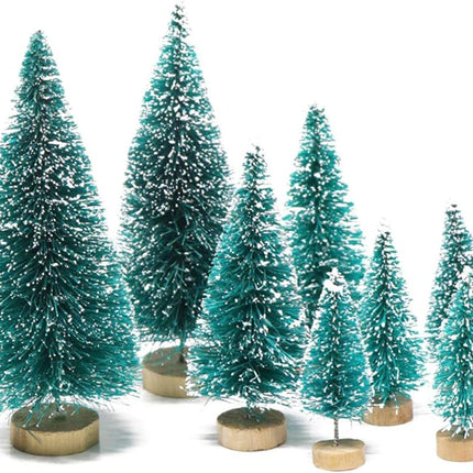 8pcs Mini Christmas Trees – Snow Frosted Bottle Brush Tabletop Holiday Décor