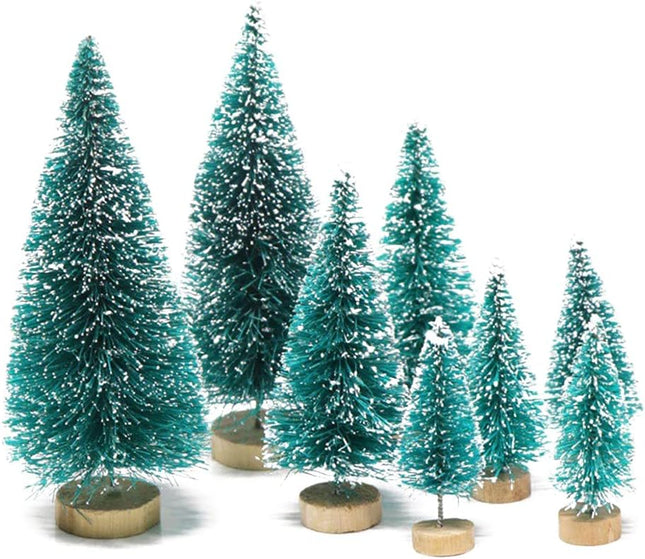8pcs Mini Christmas Trees – Snow Frosted Bottle Brush Tabletop Holiday Décor