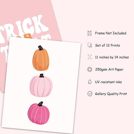 12-Piece Pink Halloween Wall Art Prints 11x14in, Ghost Pumpkin Boo Posters Unframed