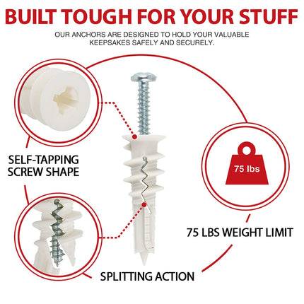 120Pcs Self-Drilling Drywall Anchors & Screws – Holds Up to 75lbs, No Drill Hole Needed