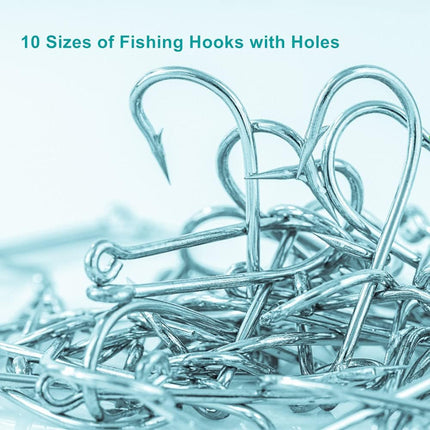 300PCS Fishing Hooks, High-Carbon Steel Barbed Hooks with Holes, 10 Sizes
