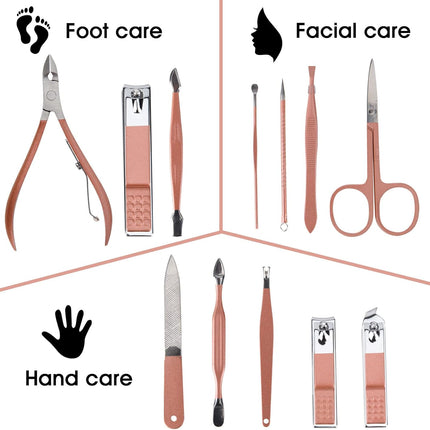 Portable 12-in-1 Nail Clipper Set – Pink Leather Bag, Ideal for Travel & Home