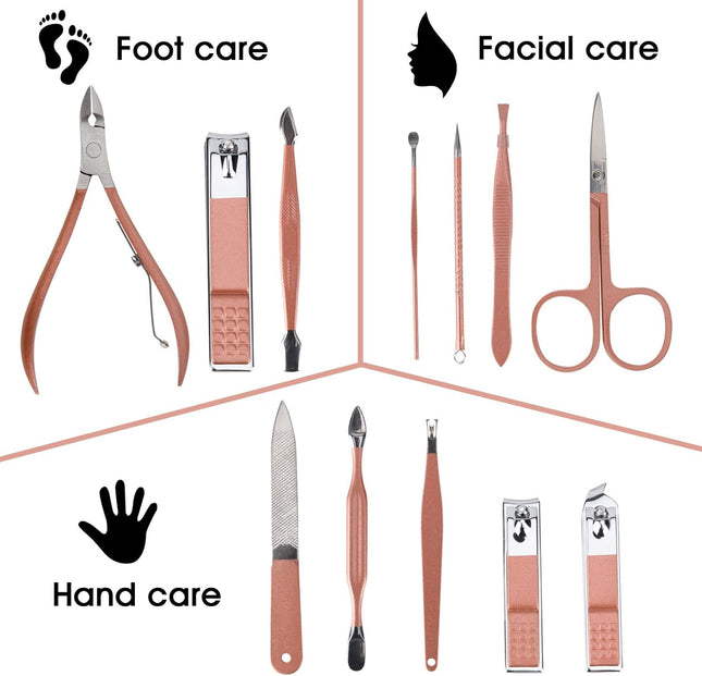 Portable 12-in-1 Nail Clipper Set – Pink Leather Bag, Ideal for Travel & Home