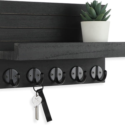 Wall Key Holder with Shelf – Large Hooks for Keys, Bags & Coats, Paulownia Wood