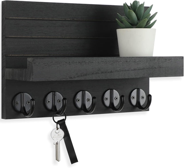 Wall Key Holder with Shelf – Large Hooks for Keys, Bags & Coats, Paulownia Wood