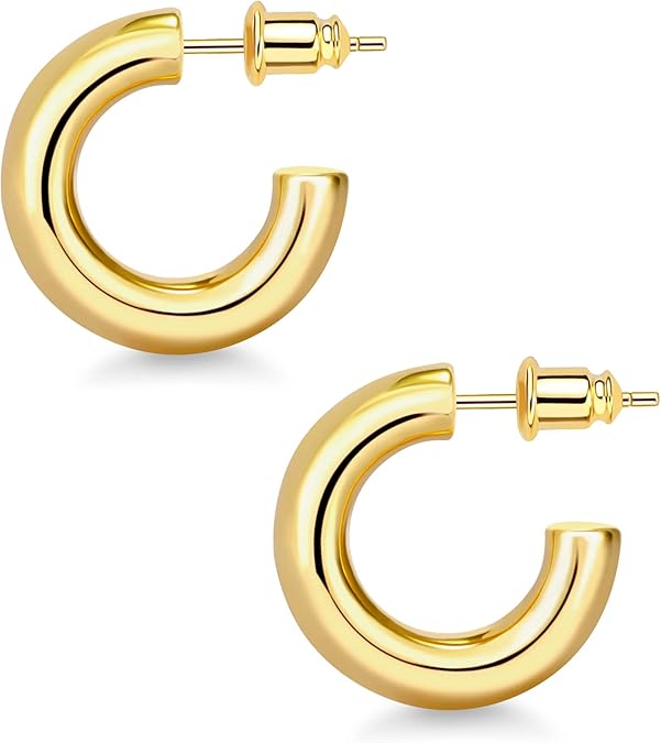 Women’s 14K Gold Plated Chunky Hoop Earrings Small Lightweight Jewelry Set Sizes