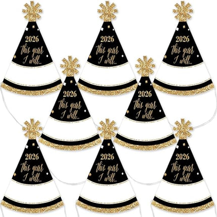 8-Pc Gold Mini 2026 New Year Party Hats – Small NYE Cone Hats Set
