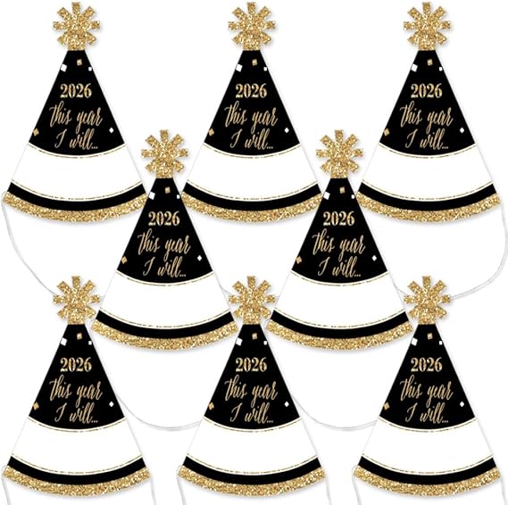 8-Pc Gold Mini 2026 New Year Party Hats – Small NYE Cone Hats Set