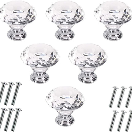 6Pcs Crystal Glass Cabinet Knobs 30mm Diamond Drawer Pull Handles Clear