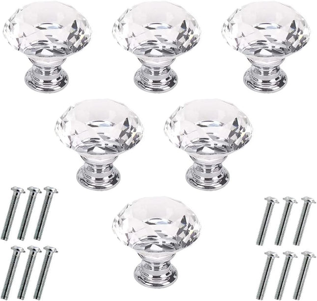 6Pcs Crystal Glass Cabinet Knobs 30mm Diamond Drawer Pull Handles Clear
