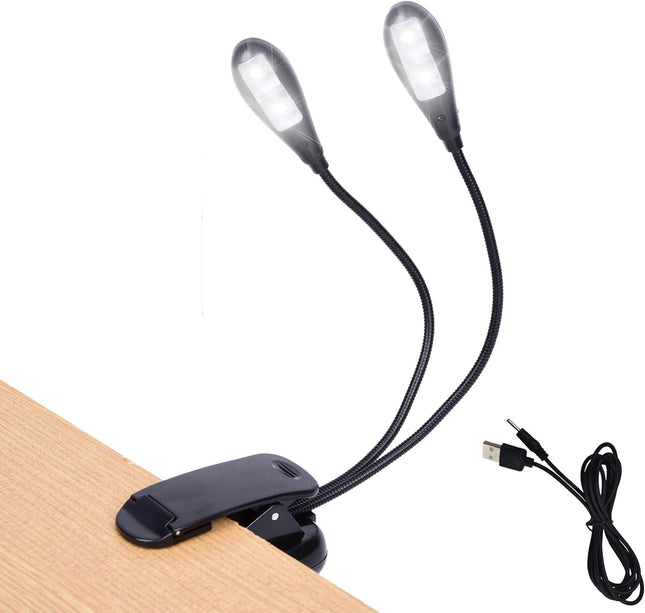 LED Book Light for Musicians – Clip-On, USB/AAA, Dual Arm, 4 Brightness Levels