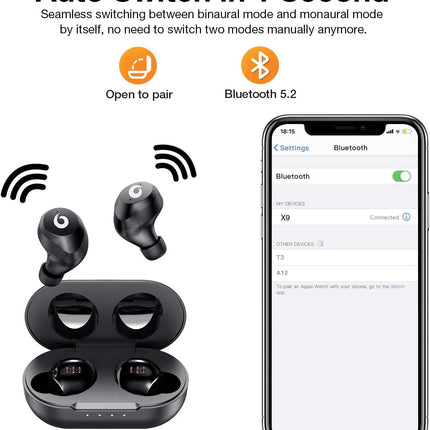 X9 Wireless Bluetooth 5.3 Earbuds with Deep Bass, Waterproof Sport Design