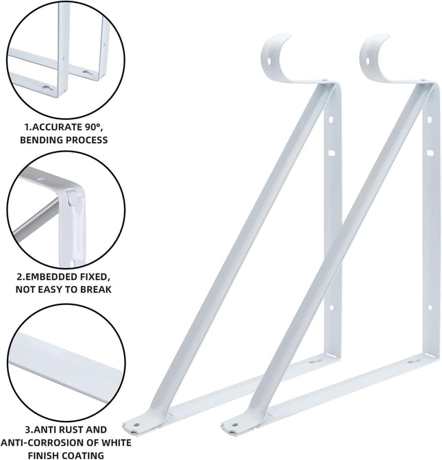 2 Pack Heavy Duty Closet Rod Brackets Wall Mount Shelf Support White