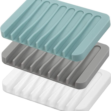 3-Piece Silicone Soap Dish Set Self-Draining Soap Savers in White Grey Teal