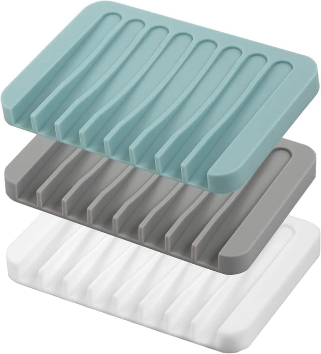 3-Piece Silicone Soap Dish Set Self-Draining Soap Savers in White Grey Teal