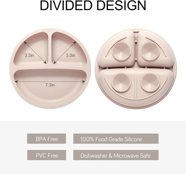 2-Pack Divided Toddler Plates with Suction, Silicone Feeding Set with Utensils, BPA-Free