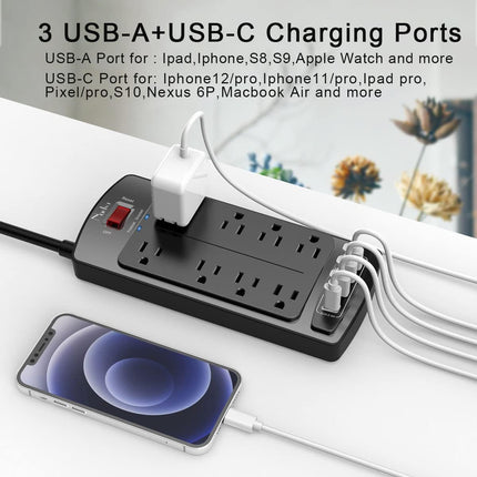 Nuetsa Surge Protector Power Strip – 8 Outlets & 4 USB Ports, 6FT Cord