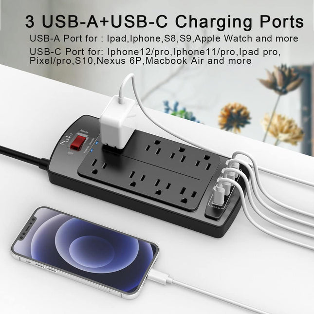 Nuetsa Surge Protector Power Strip – 8 Outlets & 4 USB Ports, 6FT Cord