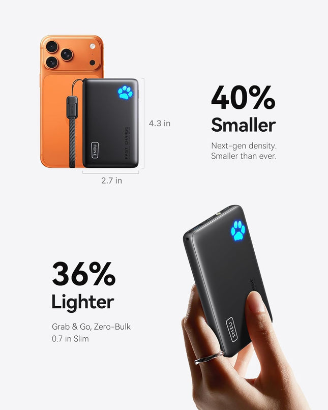 45W Ultra-Slim Portable Charger – 10000mAh PD Power Bank with Built-in USB-C Cable