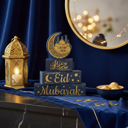 4Pc Ramadan Wooden Decorations Eid Mubarak Islamic Tiered Tray Decor
