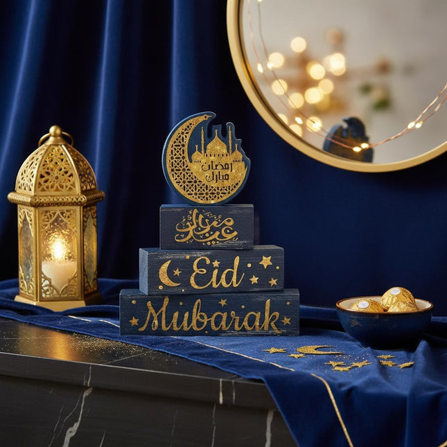 4Pc Ramadan Wooden Decorations Eid Mubarak Islamic Tiered Tray Decor