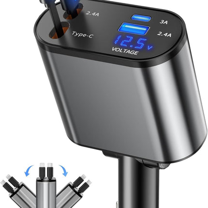 Retractable Car Charger – 4-in-1 Fast Charging for iPhone, Samsung, Pixel & More