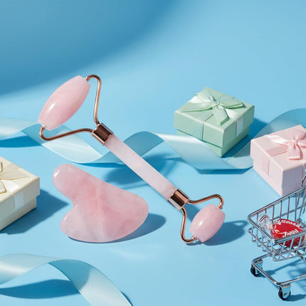 Rose Quartz Face Roller Gua Sha Set Depuffing Lymphatic Massage Tool