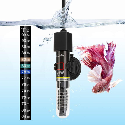 DaToo Mini Aquarium Heater 25W for 1-5 Gallon Fish Tanks with Free Thermometer Sticker
