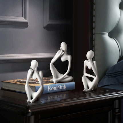 3-Piece White Thinker Statues, Abstract Resin Sculptures, Modern Home Office Shelf Decor