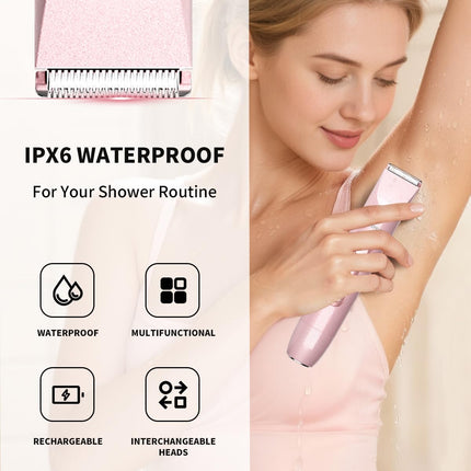 2-in-1 Bikini Trimmer for Women, Dual-Head Waterproof Rechargeable Shaver, Pink
