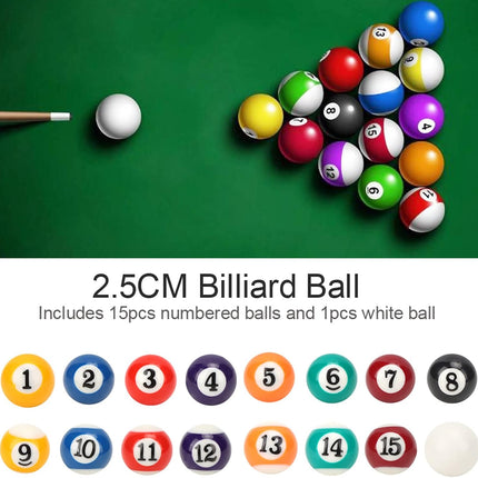 16 Pc Mini Billiard Balls 0.98", Resin Pool Balls for Kids Tabletop Games Decor