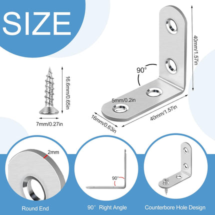 16-Piece Stainless Steel L Bracket Set with 64 Screws, Silver Corner Braces