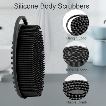 2-Pc Silicone Body Scrubber & Shampoo Brush, Exfoliating Shower Loofah, Black Pink