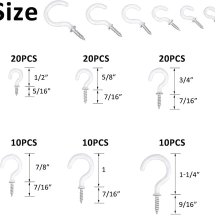 90PCS White Ceiling Hooks Kit Vinyl Coated Screw In Hanging Hooks 6 Sizes