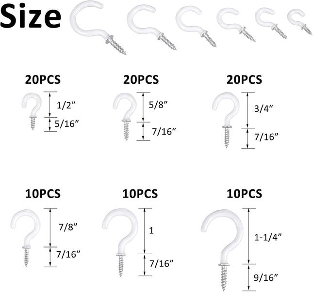 90PCS White Ceiling Hooks Kit Vinyl Coated Screw In Hanging Hooks 6 Sizes