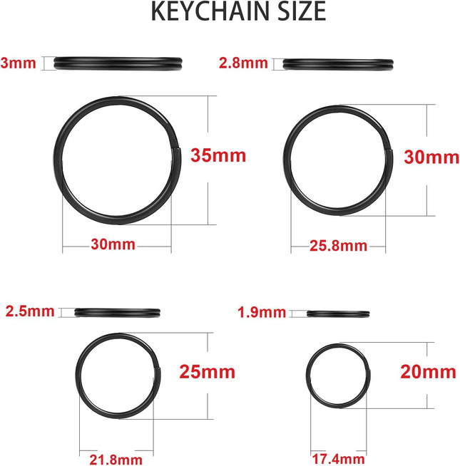 40 Pack Black Split Key Rings Assorted 4 Sizes Metal Keychain Rings Bulk