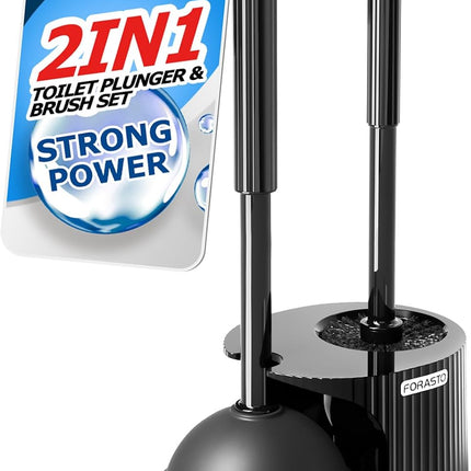 2-in-1 Toilet Brush and Plunger Set with Holder 21 Inch Long Handle Black