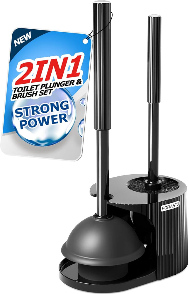 2-in-1 Toilet Brush and Plunger Set with Holder 21 Inch Long Handle Black