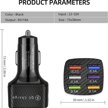 6 Port Car Charger Adapter, 2 Pack, QC 3.0 Fast Charging, USB Car Charger Black
