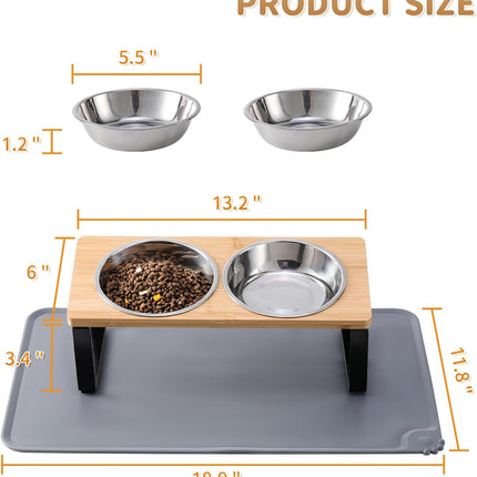 Elevated Cat Bowl Set with Food Mat Stainless Steel Raised Pet Dishes 15° Stand