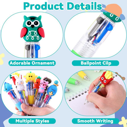 28PCS Fun Pens for Kids – 4-Color Ballpoint, Cartoon Animal, Mini Retractable Pens