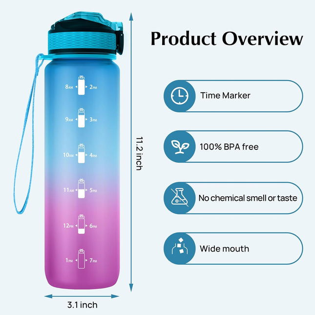 32 oz Water Bottle Time Marker Tritan BPA Free Leakproof Carry Strap
